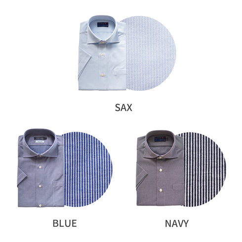 【日本製】 ワイシャツ メンズ 半袖 ビジネス カジュアル イージーケア ノーアイロン ストライプ ワイドカラー ネイビー(2021-HSS5-na)