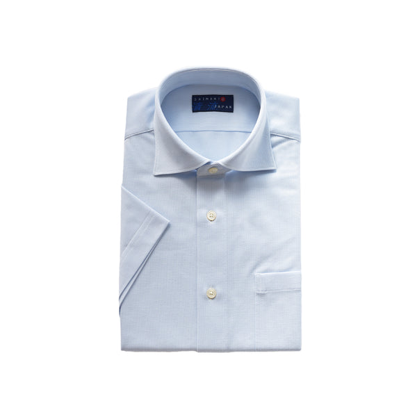 【日本製】 ワイシャツ メンズ 半袖 ビジネス カジュアル イージーケア ノーアイロン ストライプ ワイドカラー サックス(2021-HSS5-sa)