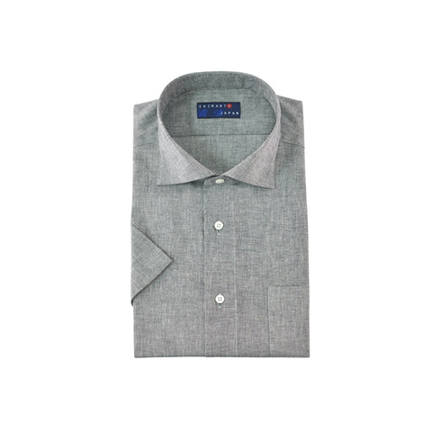 【日本製】 ワイシャツ メンズ 半袖 ビジネス カジュアル コットンリネン 綿麻 無地 ワイドカラー ブラック(2021-HSS7-bk)