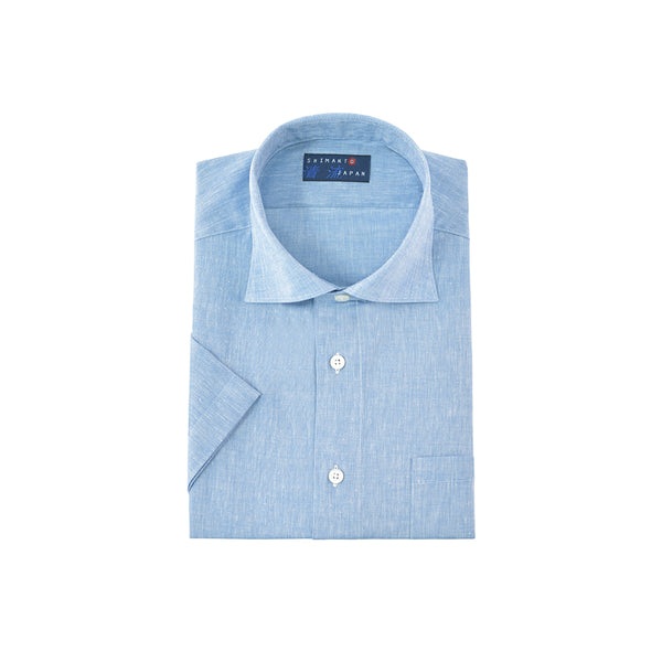 【日本製】 ワイシャツ メンズ 半袖 ビジネス カジュアル コットンリネン 綿麻  無地 ワイドカラー ライトブルー(2021-HSS7-lbl)