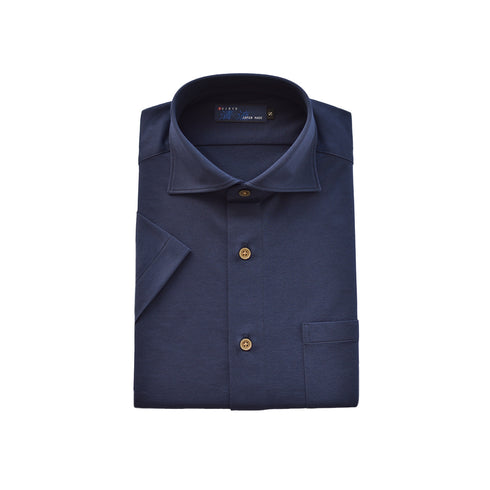 【日本製】 ワイシャツ メンズ ビジネス 半袖 吸水速乾 ストレッチ ノーアイロン 無地 ワイドカラー イージーフォーマルシャツ ネイビー(2021-HSY23-na)