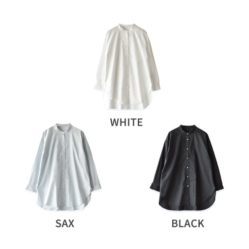 【日本製】シャツ レディース おしゃれ 長袖 スタンドカラー ブラウス 綿100% ブラック(2021-L1-bk)