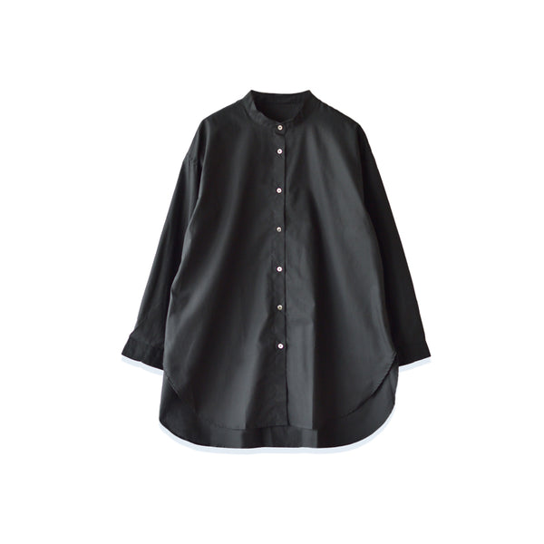 【日本製】シャツ レディース おしゃれ 長袖 スタンドカラー ブラウス 綿100% ブラック(2021-L1-bk)