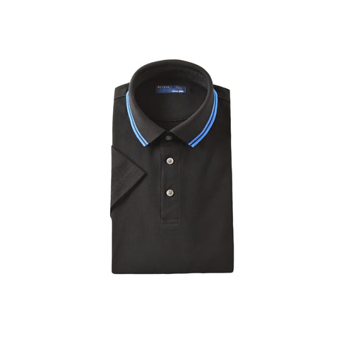 【日本製】 ポロシャツ メンズ ビジネス 半袖 鹿の子 吸水速乾 カノコ 無地 リブ襟 ライン入り ブラック(2021-PRM4-bk)