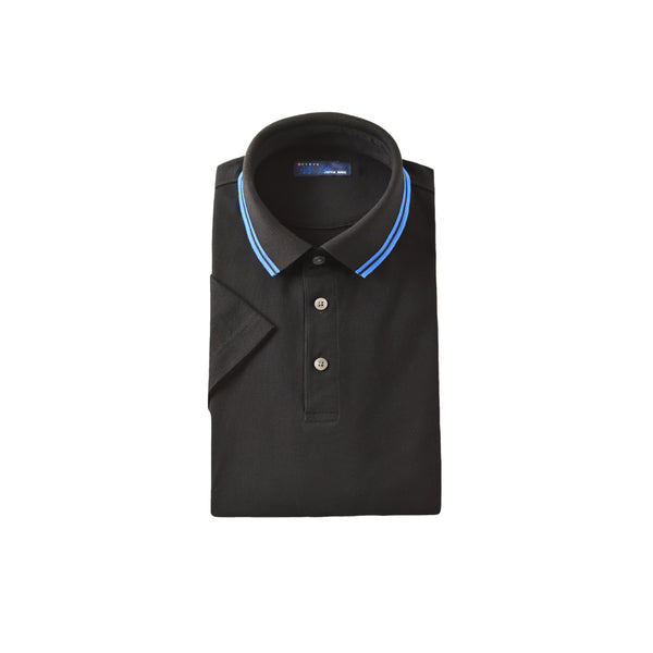 【日本製】 ポロシャツ メンズ ビジネス 半袖 鹿の子 吸水速乾 カノコ 無地 リブ襟 ライン入り ブラック(2021-PRM4-bk)