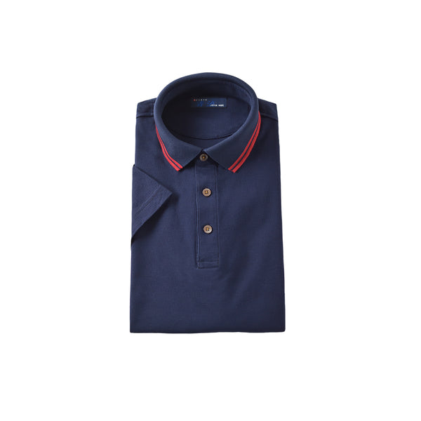 【日本製】 ポロシャツ メンズ ビジネス 半袖 鹿の子 吸水速乾 カノコ 無地 リブ襟 ライン入り ネイビー(2021-PRM4-na)