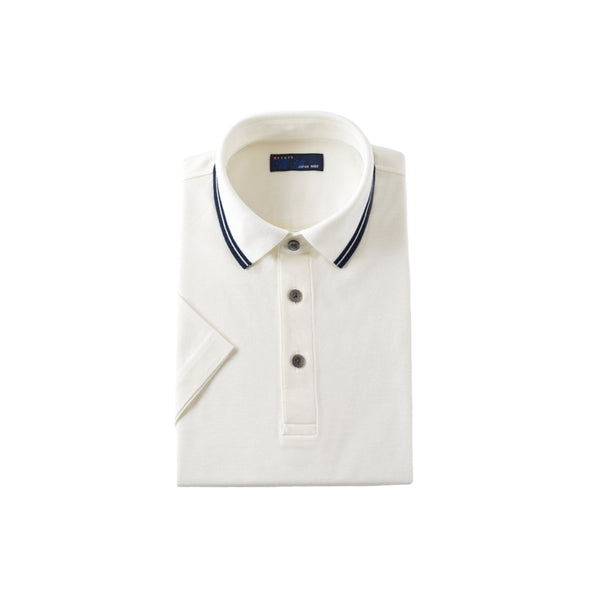 【日本製】 ポロシャツ メンズ ビジネス 半袖 鹿の子 吸水速乾 カノコ 無地 リブ襟 ライン入り ホワイト(2021-PRM4-wh)