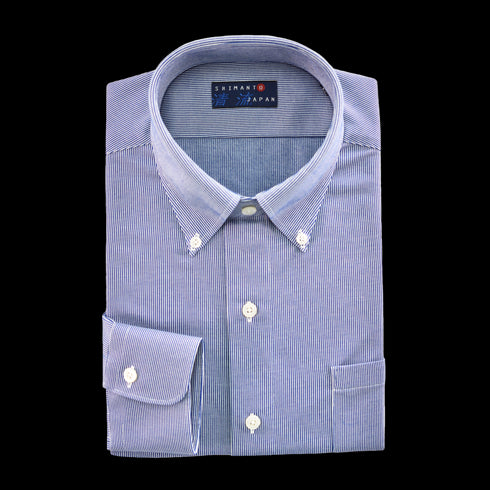 【日本製】 ワイシャツ メンズ ビジネス 長袖 カジュアル イージーケア ノーアイロン ストライプ ボタンダウン ブルー(2021-SS18-bl)