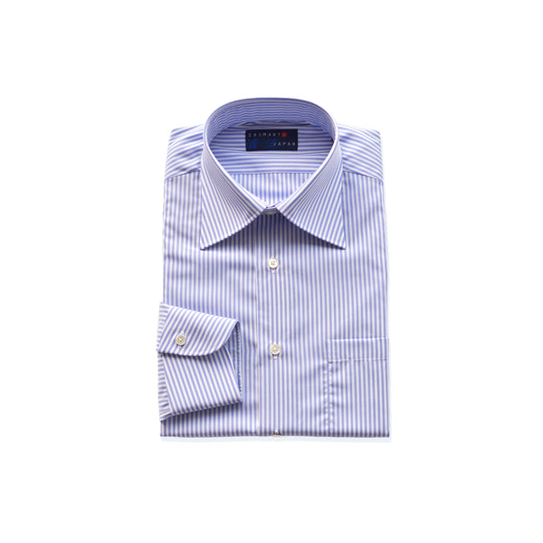 【日本製】 ワイシャツ メンズ ビジネス 長袖 ドレスシャツ レギュラーカラー ストライプ 綿100% サックス(2021-SSP16-sa)