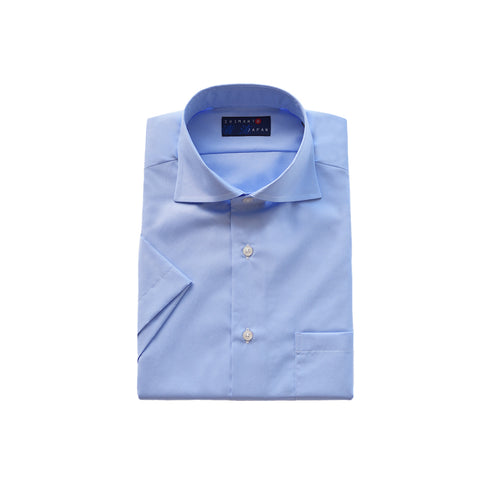 【日本製】 ワイシャツ メンズ ビジネス 半袖 綿100% スーピマコットン 無地 ワイドカラー サックス(2022-HSS25-sa)