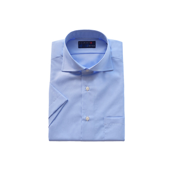【日本製】 ワイシャツ メンズ ビジネス 半袖 綿100% スーピマコットン 無地 ワイドカラー サックス(2022-HSS25-sa)