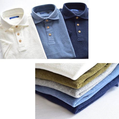 【日本製】 パイル地 ポロシャツ メンズ 半袖 タオル地 柔らか 無地 ワイドカラー グレー(2022-PS11-gr)