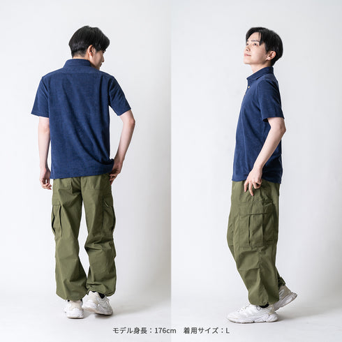 【日本製】 パイル地 ポロシャツ メンズ 半袖 タオル地 柔らか 無地 ワイドカラー グレー(2022-PS11-gr)