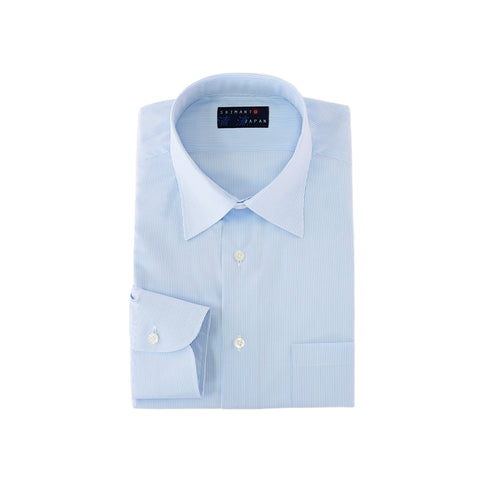 【日本製】 ワイシャツ メンズ ビジネス 長袖 ドレスシャツ レギュラーカラー ストライプ サックス(2022-SS26-sa)