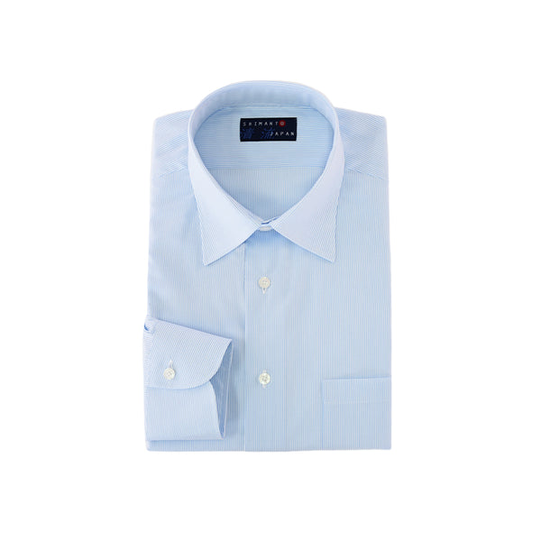 【日本製】 ワイシャツ メンズ ビジネス 長袖 ドレスシャツ レギュラーカラー ストライプ サックス(2022-SS26-sa)
