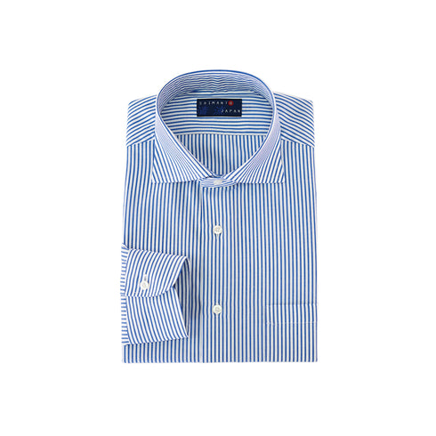 【日本製】 ワイシャツ メンズ ビジネス 長袖 ドレスシャツ ワイドカラー ロンドンストライプ ブルー(2022-SS27-bl)