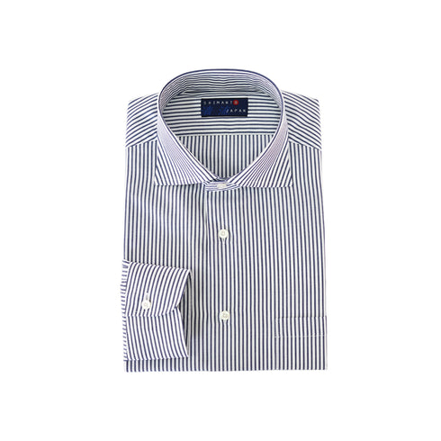 【日本製】 ワイシャツ メンズ ビジネス 長袖 ドレスシャツ ワイドカラー ロンドンストライプ ネイビー(2022-SS27-na)
