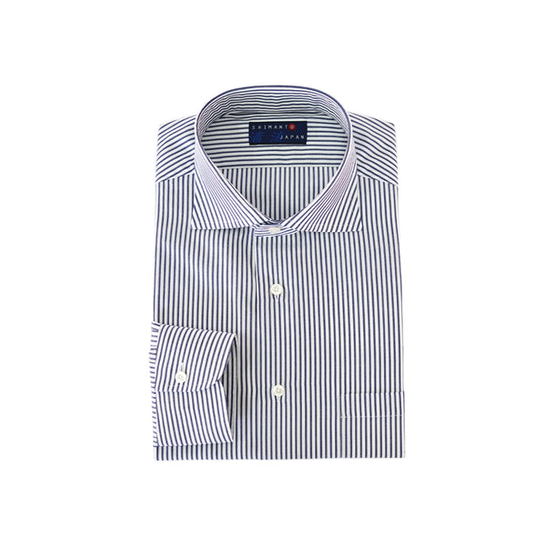 【日本製】 ワイシャツ メンズ ビジネス 長袖 ドレスシャツ ワイドカラー ロンドンストライプ ネイビー(2022-SS27-na)