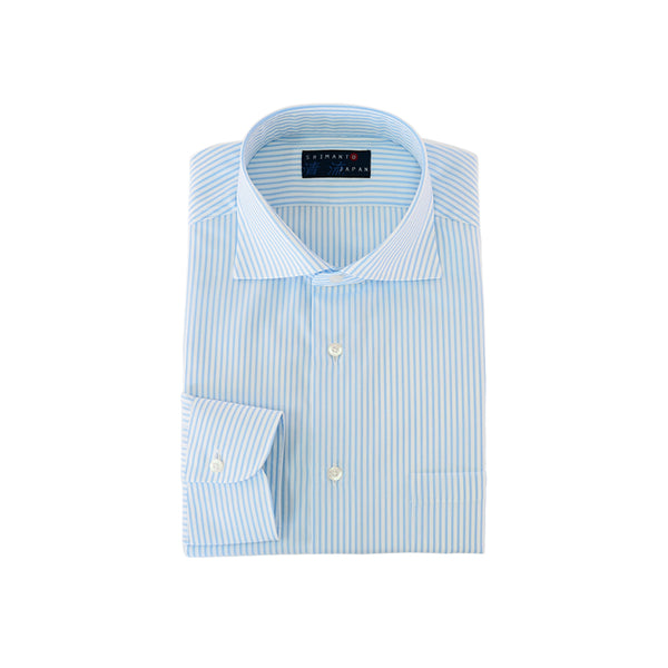 【日本製】 ワイシャツ メンズ ビジネス 長袖 ドレスシャツ ワイドカラー ロンドンストライプ サックス(2022-SS27-sa)