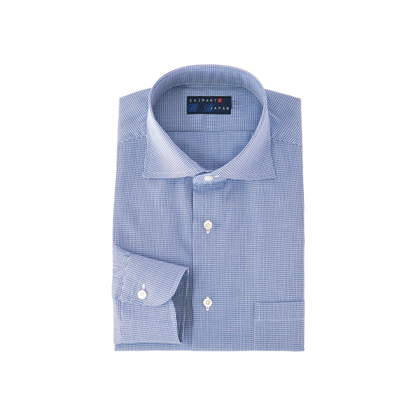 【日本製】 ワイシャツ メンズ ビジネス 長袖 ドレスシャツ ワイドカラー ギンガムチェック ブルー(2022-SS28-bl)