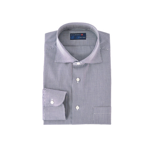 【日本製】 ワイシャツ メンズ ビジネス 長袖 ドレスシャツ ワイドカラー ギンガムチェック ネイビー(2022-SS28-na)