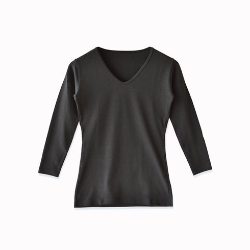 【日本製】 極暖 インナー レディース 長袖 Vネック あたたかい 保温 ストレッチ ブラック(21FW-0005w-bk)