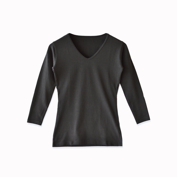 【日本製】 極暖 インナー レディース 長袖 Vネック あたたかい 保温 ストレッチ ブラック(21FW-0005w-bk)