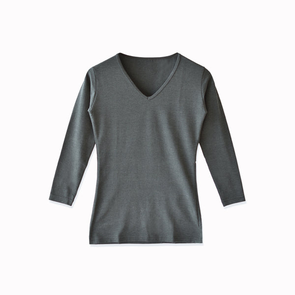 【日本製】 極暖 インナー レディース 長袖 Vネック あたたかい 保温 ストレッチ グレー(21FW-0005w-gr)