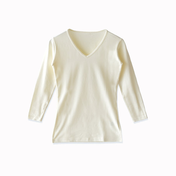 【日本製】 極暖 インナー レディース 長袖 Vネック あたたかい 保温 ストレッチ オフホワイト(21FW-0005w-owh)