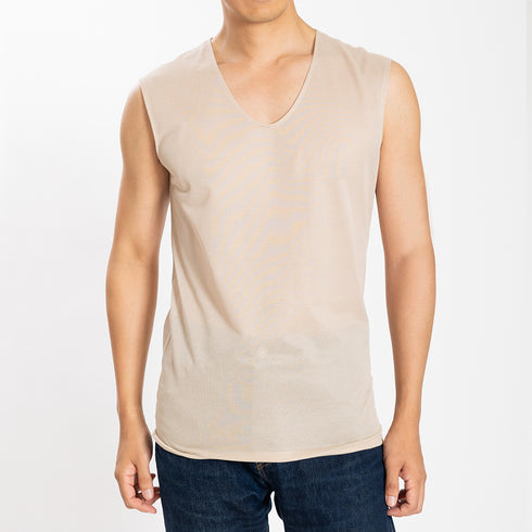【日本製】 涼しいインナー メンズ ノースリーブ タンクトップ Vネック 速乾 肌着 無地 アゼック ベージュ(22SS0002-be)