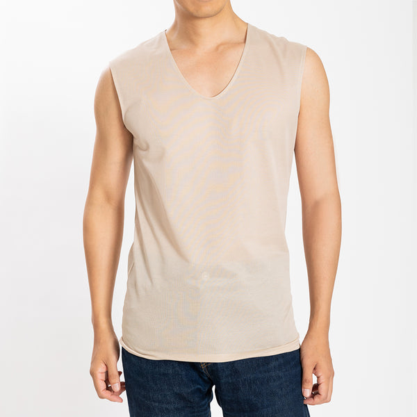 【日本製】 涼しいインナー メンズ ノースリーブ タンクトップ Vネック 速乾 肌着 無地 アゼック ベージュ(22SS0002-be)