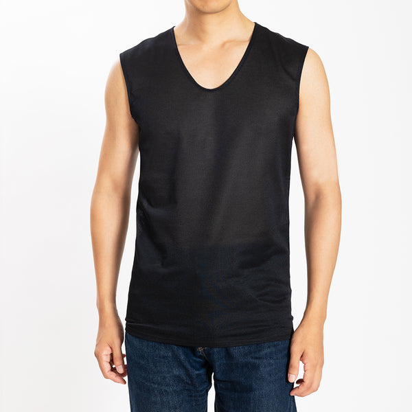 【日本製】 涼しいインナー メンズ ノースリーブ タンクトップ Vネック 速乾 肌着 無地 アゼック ブラック(22SS0002-bk)