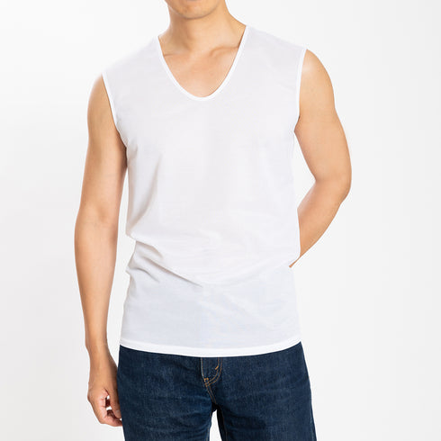 【日本製】 涼しいインナー メンズ ノースリーブ タンクトップ Vネック 速乾 肌着 無地 アゼック ホワイト(22SS0002-wh)