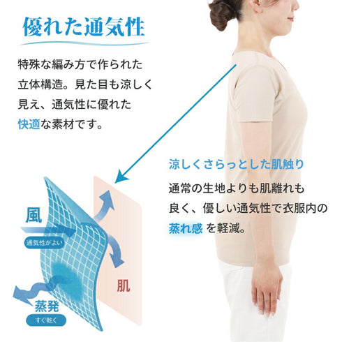 【日本製】 インナー 涼しい レディース 半袖 汗取り 肌着 速乾 ラウンドネック 無地 アゼック ベージュ(22SS0003w-be)