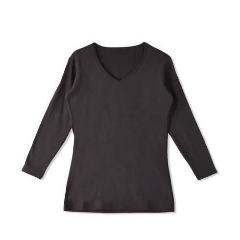 【日本製】 超極暖プレミアム インナー レディース 長袖 Vネック 裏起毛 あたたかい 保温 ストレッチ ブラック(WCPM-04W-bk)