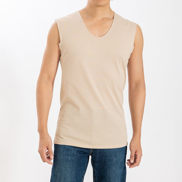 【日本製】 涼しいインナー メンズ 汗パッド付き ノースリーブ タンクトップ Vネック 速乾 肌着 無地 アゼック ベージュ(26SS0003-be)