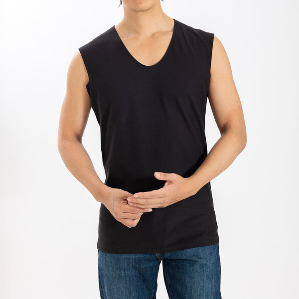【日本製】 涼しいインナー メンズ 汗パッド付き ノースリーブ タンクトップ Vネック 速乾 肌着 無地 アゼック ブラック(26SS0003-bk)