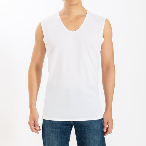 【日本製】 涼しいインナー メンズ 汗パッド付き ノースリーブ タンクトップ Vネック 速乾 肌着 無地 アゼック ホワイト(26SS0003-wh)