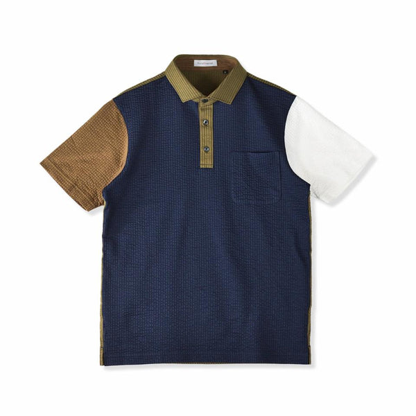 ポロシャツ メンズ 半袖 涼しい 軽い 切替デザイン サッカー生地 セミワイドカラー ネイビー(FL23SS-002M-na)