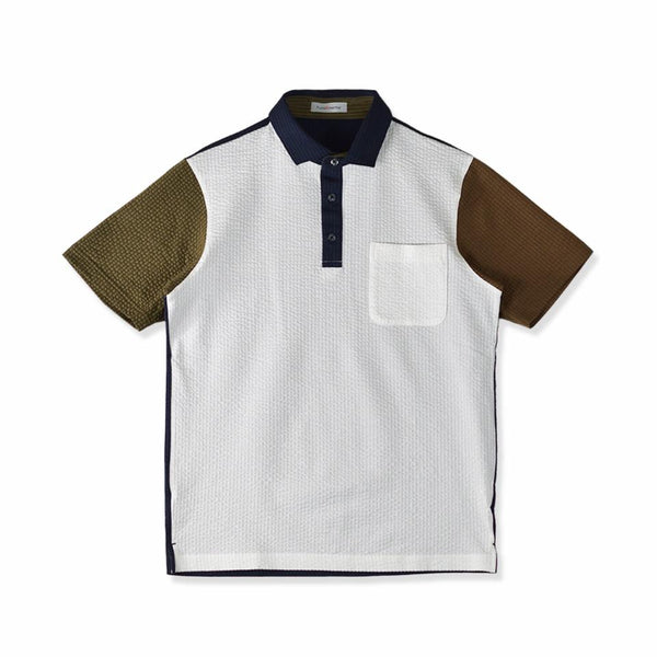 ポロシャツ メンズ 半袖 涼しい 軽い 切替デザイン サッカー生地 セミワイドカラー ホワイト(FL23SS-002M-wh)