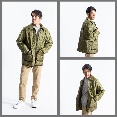 【日本製】 キルティングジャケット メンズ ビジネス カジュアル 軽い 重ね着 無地 中綿 カーキ(FL22FW-003m-kh)