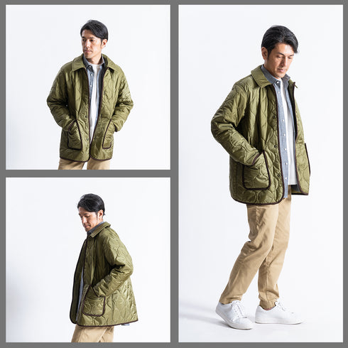【日本製】 キルティングジャケット メンズ ビジネス カジュアル 軽い 重ね着 無地 中綿 カーキ(FL22FW-003m-kh)