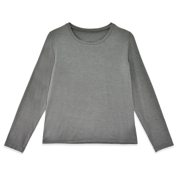 【日本製】 tシャツ レディース 長袖 インナー 薄手 柔らかい ストレッチ 無地 クルーネック グレー(FL22FW-007W-gr)