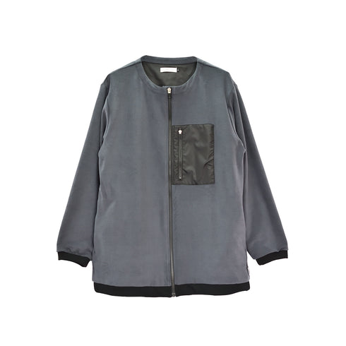 【日本製】ノーカラージャケット メンズ アウター 暖かい 表起毛 ジップ ポケット 無地 グレー(FL22FW-017M-gr)