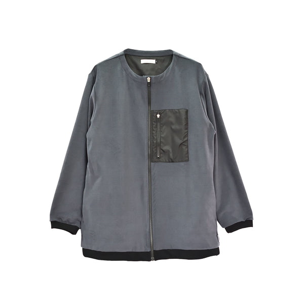 【日本製】ノーカラージャケット メンズ アウター 暖かい 表起毛 ジップ ポケット 無地 グレー(FL22FW-017M-gr)