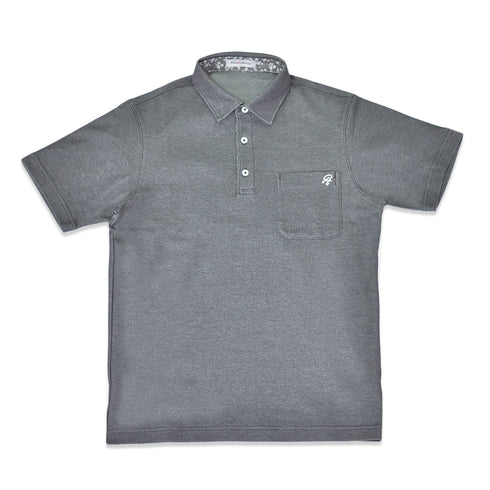 ポロシャツ メンズ 半袖 吸水速乾 ストレッチ 無地 胸ポケット バティック風プリント レギュラーカラー チャコール(FL22SS-010M-ch)