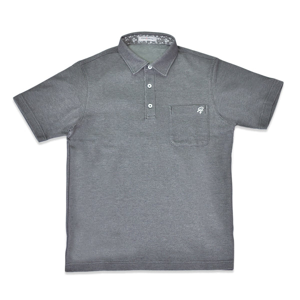 ポロシャツ メンズ 半袖 吸水速乾 ストレッチ 無地 胸ポケット バティック風プリント レギュラーカラー チャコール(FL22SS-010M-ch)