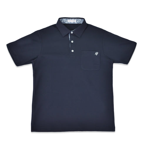 ポロシャツ メンズ 半袖 吸水速乾 ストレッチ 無地 胸ポケット バティック風プリント レギュラーカラー ネイビー(FL22SS-010M-na)