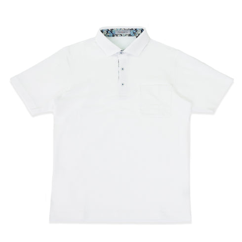 ポロシャツ メンズ 半袖 吸水速乾 ストレッチ 無地 胸ポケット フラワープリント ワイドカラー オフホワイト(FL22SS-011M-owh)