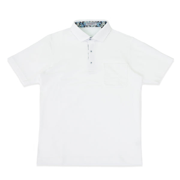 ポロシャツ メンズ 半袖 吸水速乾 ストレッチ 無地 胸ポケット フラワープリント ワイドカラー オフホワイト(FL22SS-011M-owh)